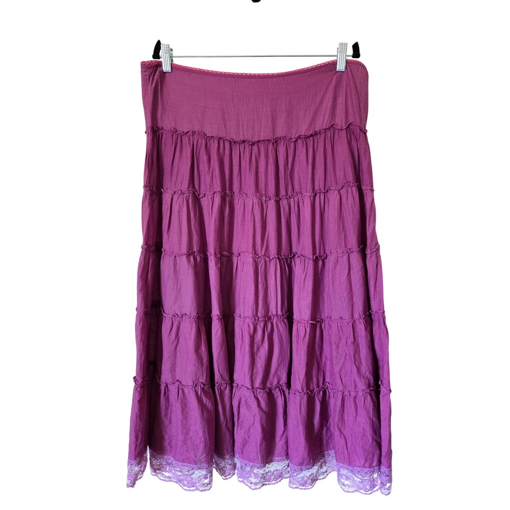 Angie Womens Cotton Tiered Maxi Skirt Lace Sequin Pearl Boho Small Hippie